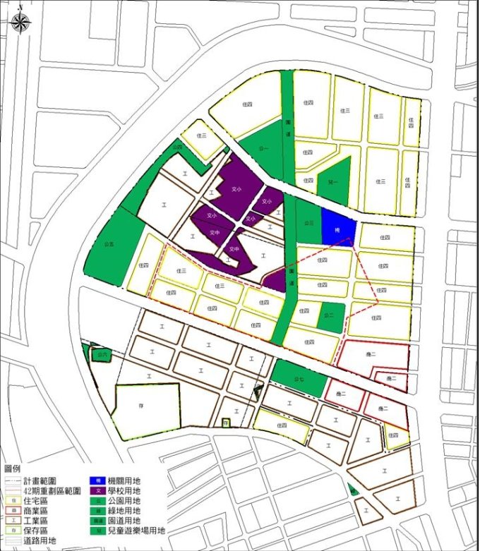 擬定及變更中都地區工業區(第一階段)及第42 期重劃區細部計畫示意圖