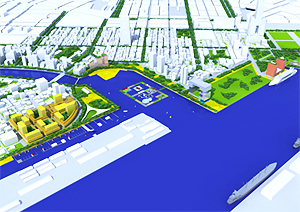 高雄港灣水岸地區的規劃模擬圖
