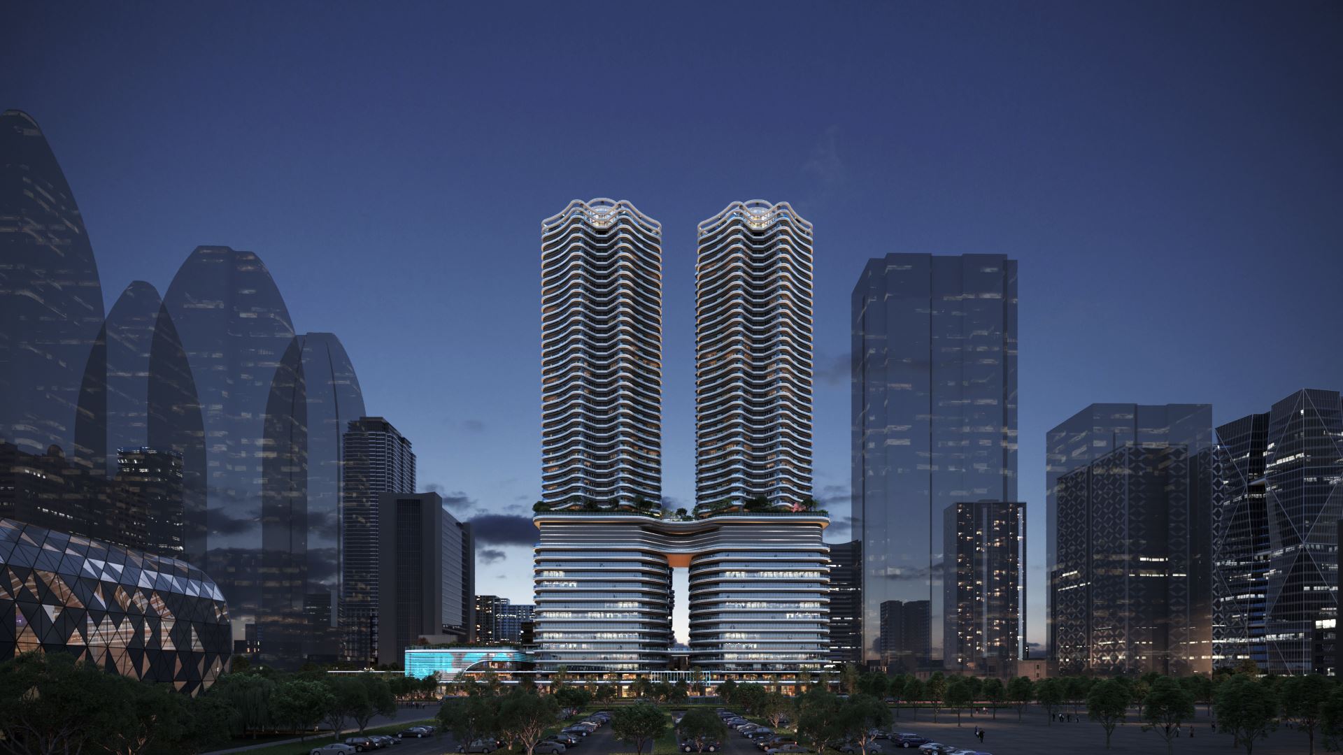 圖3-亞灣2.0特貿三南基地北_建築外觀夜間模擬圖